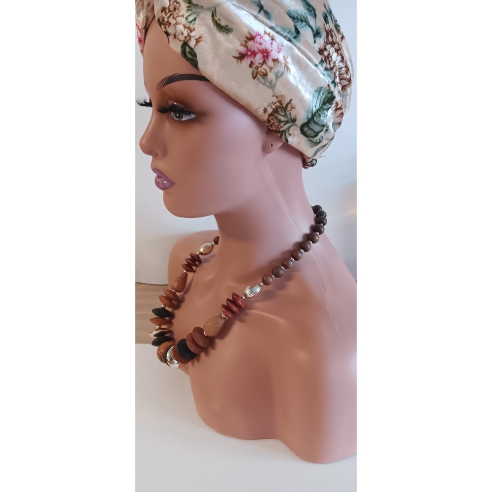 Chunky Fashion Jewelry gold coated spacers Brown Beaded wooden necklace 11" long - Picture 2 of 7